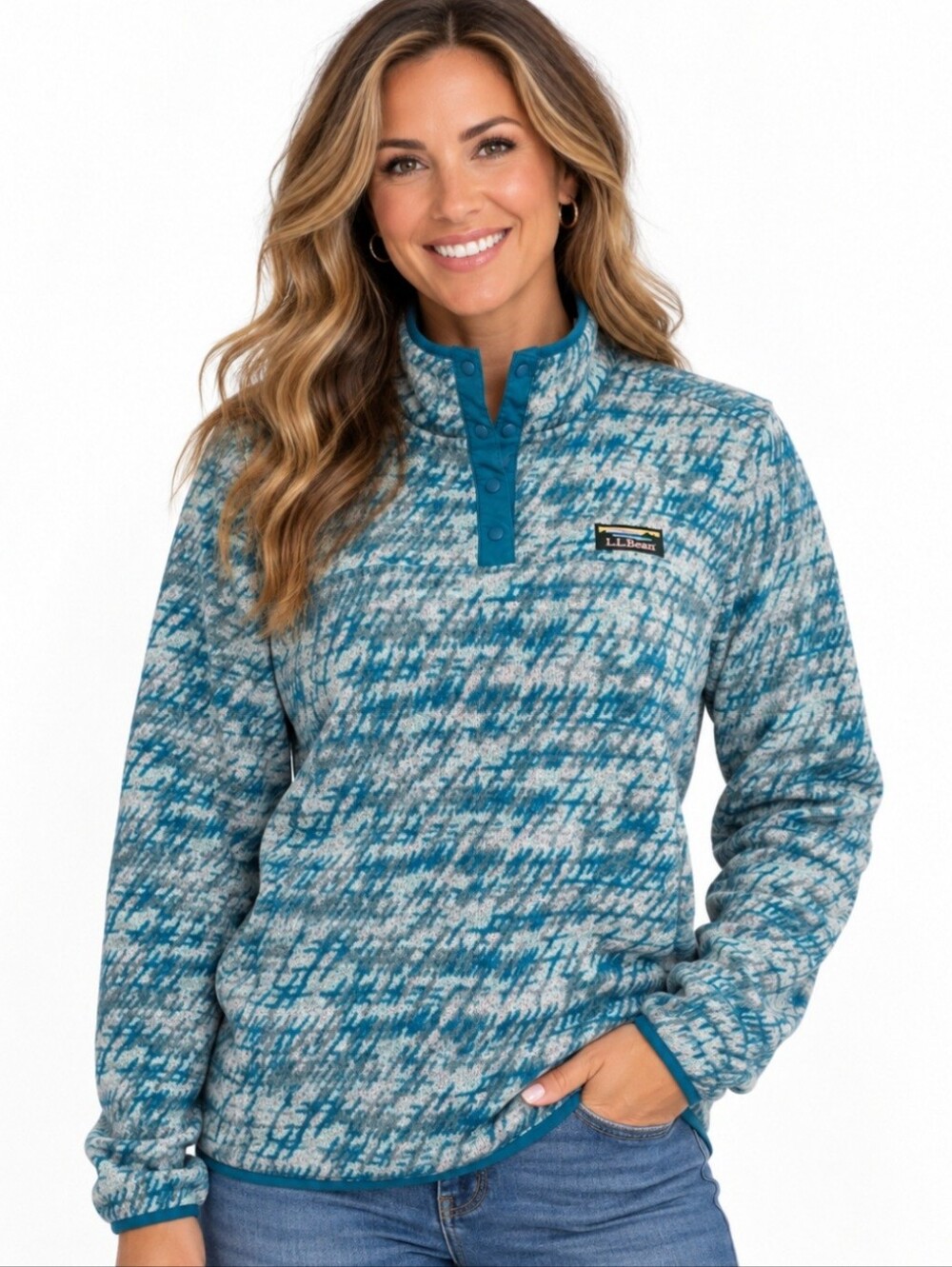 L.L.Bean Women Size XL Sweater Fleece Pullover Blue Geometric Snap Mock Neck